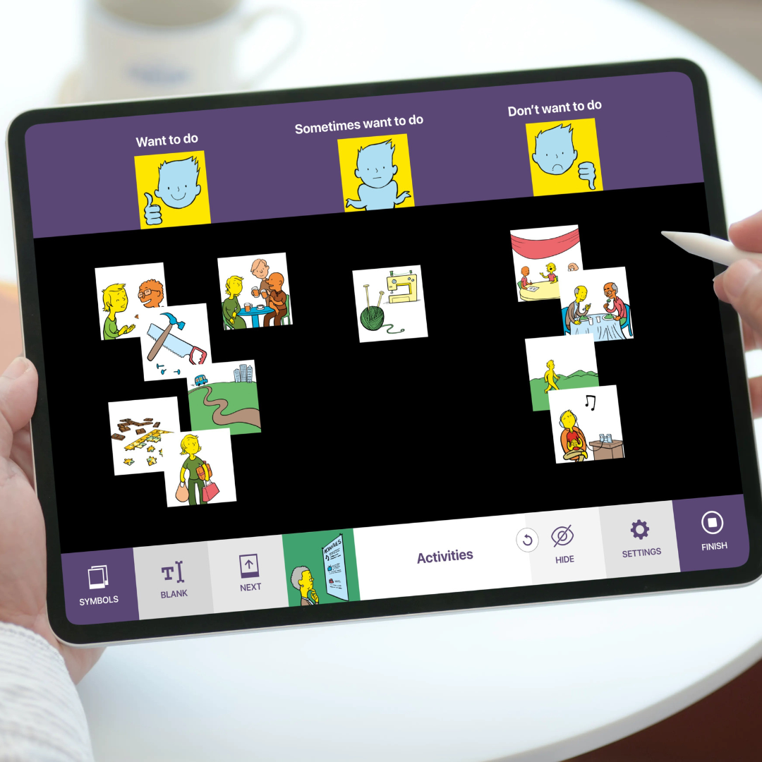 An example of digital talking mat being used, via tablet, using symbols to communicate preference and feelings.